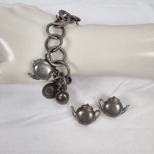 Jim Clift Pewter Tea Pot Charm Bracelet and Earrings Set Toggle Clasp